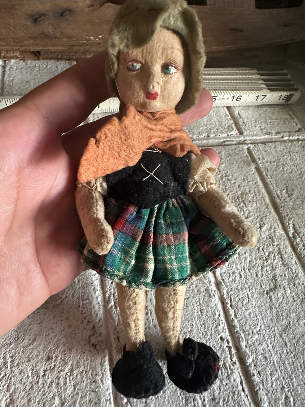 Antique paper mâché face felted/ wood doll